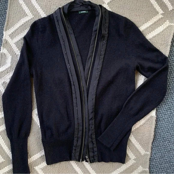 Vintage J.Crew Wool Cashmere Zip Beaded Silk Detail Cardigan Sweater - Picture 3 of 7